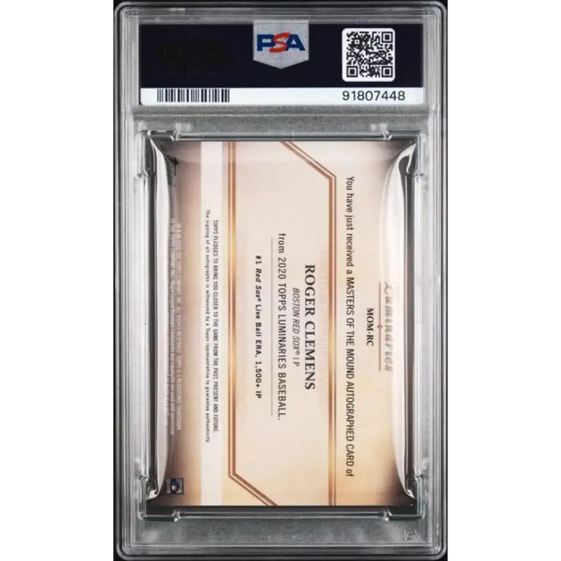 2020 Topps Luminaries Masters of the Mound #MOM-RC Roger Clemens PSA 9 MINT Auto 8/15 Boston Red Sox Baseball Card