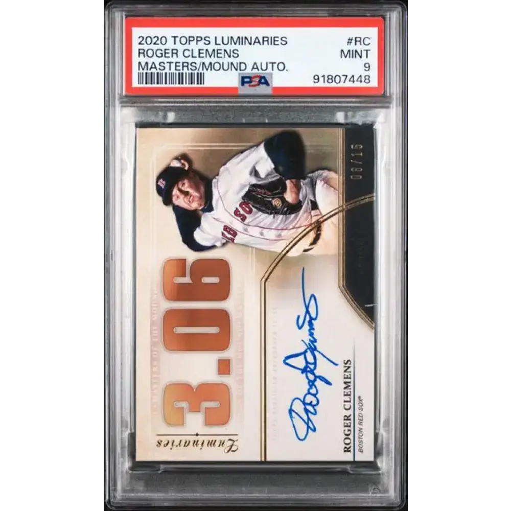 2020 Topps Luminaries Masters of the Mound #MOM-RC Roger Clemens PSA 9 MINT Auto 8/15 Boston Red Sox Baseball Card