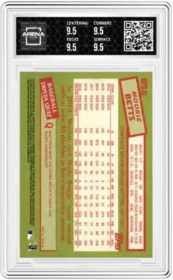 Graded Topps Mookie Betts baseball card with detailed stats and trivia on the back