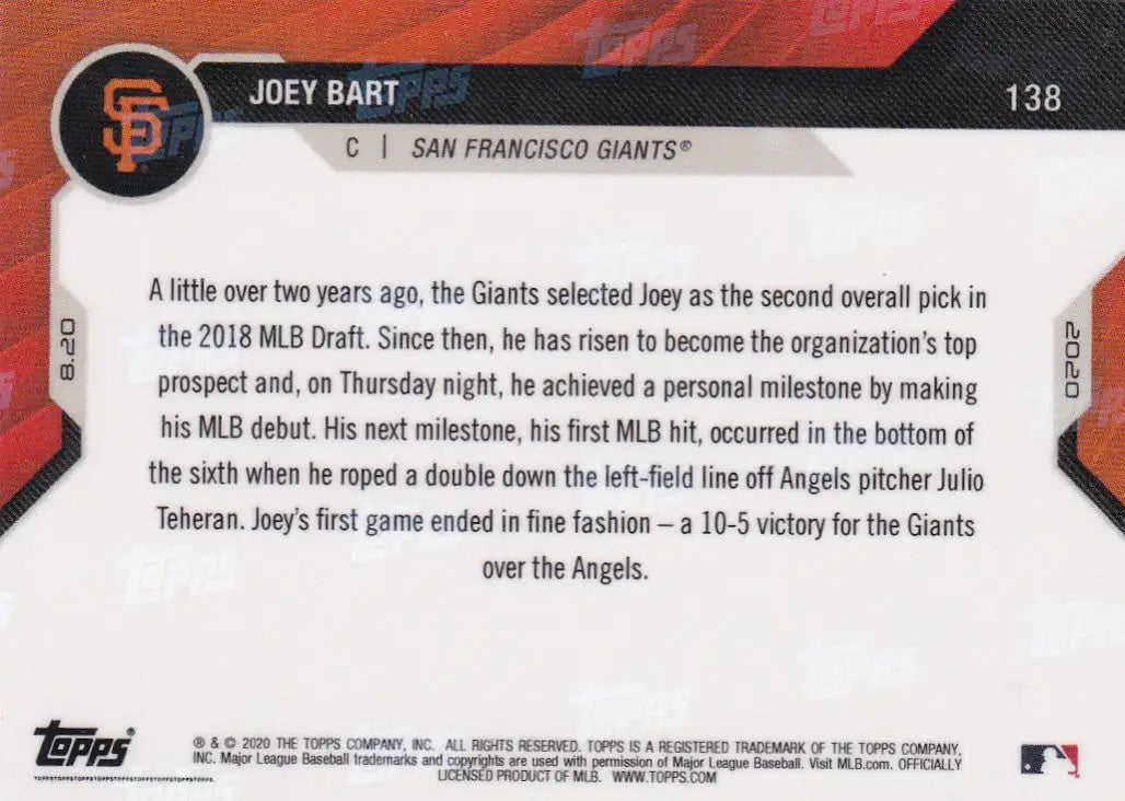 Back of 2020 TOPPS NOW #138 Joey Bart baseball card featuring San Francisco Giants player