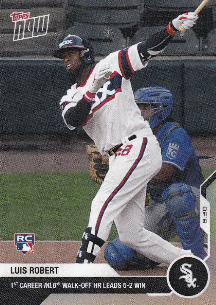 Baseball card of Luis Robert Chicago White Sox swinging bat in white, black, and red uniform