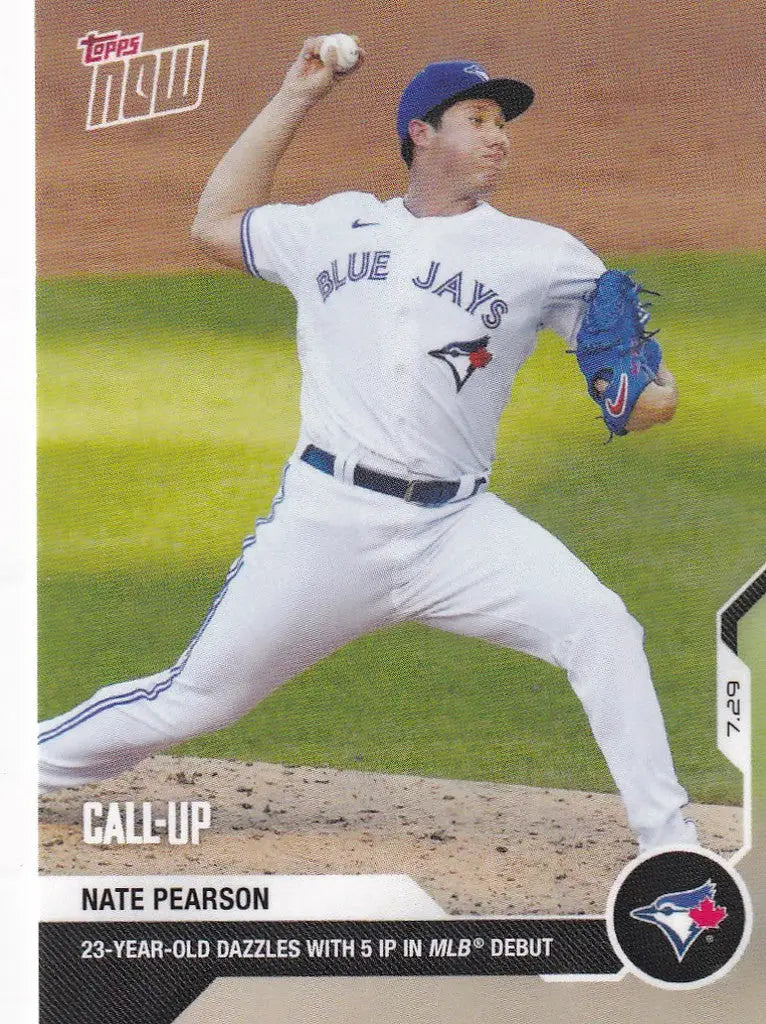 Baseball card of Nate Pearson, Toronto Blue Jays pitcher mid-throw on the mound