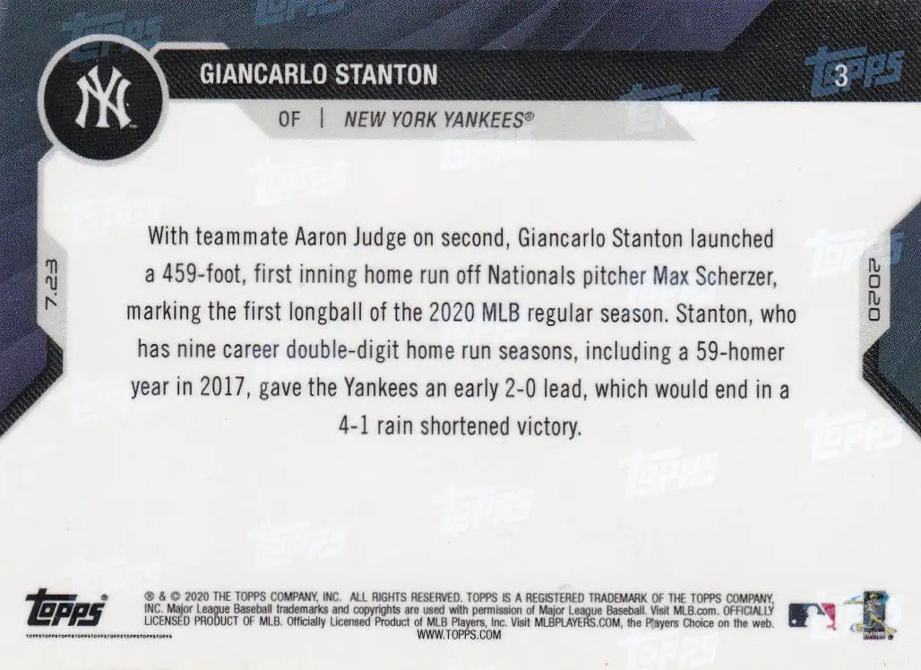 2020 TOPPS NOW #3 GIANCARLO STANTON- NEW YORK YANKEES