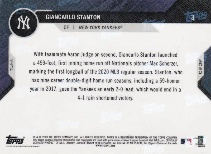 2020 TOPPS NOW #3 GIANCARLO STANTON- NEW YORK YANKEES