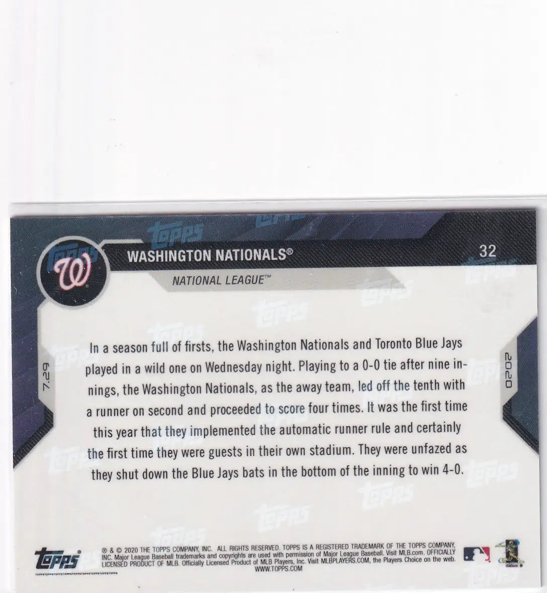 2020 TOPPS NOW #32 WASHINGTON NATIONALS 7/25- WASINGTON NATIONALS - Baseball Card Single