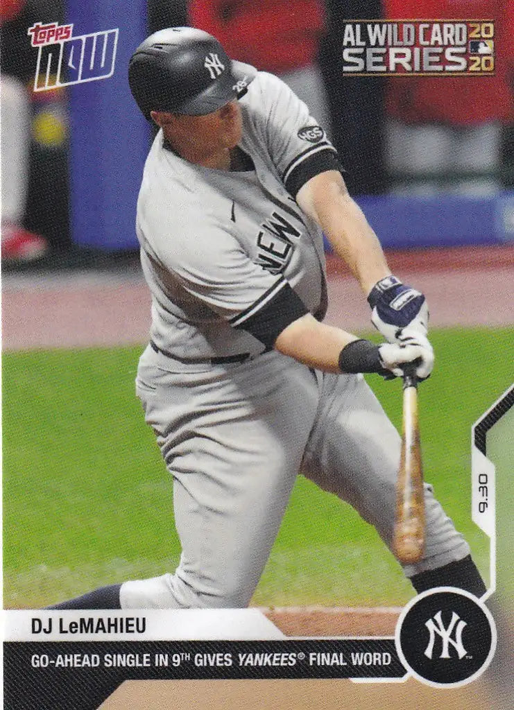 Baseball player in New York Yankees uniform swinging bat for trading cards