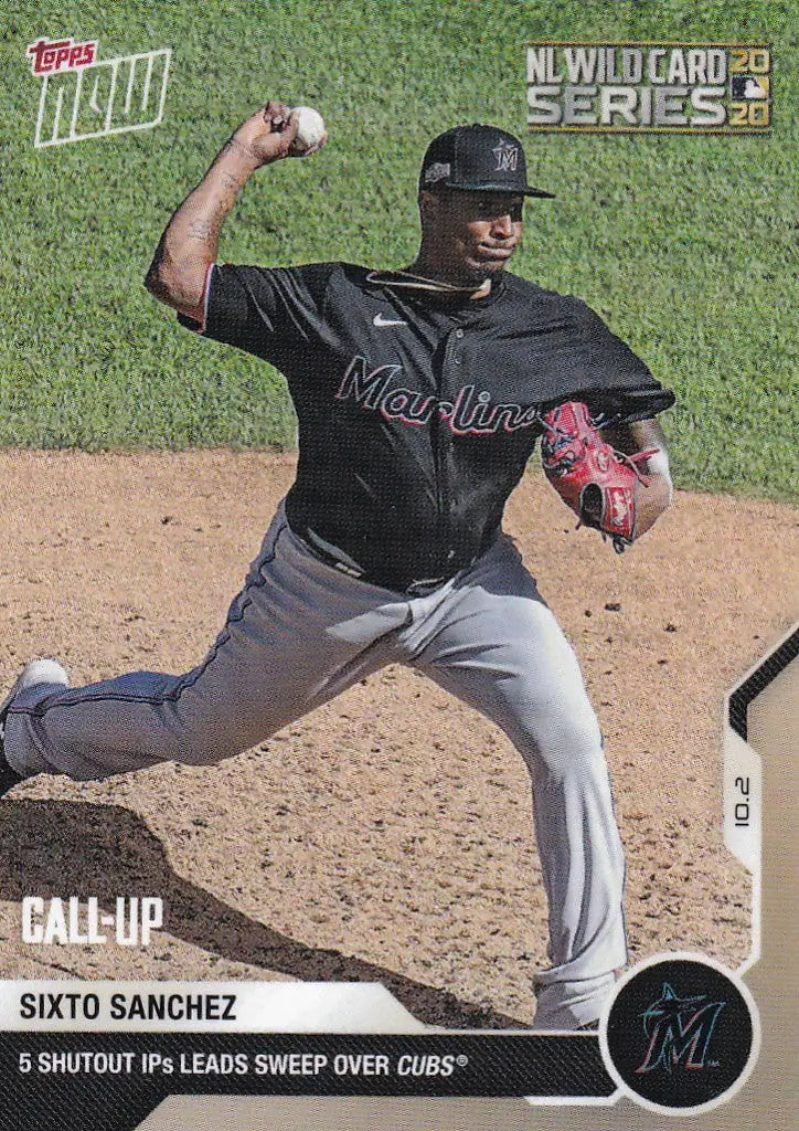 Baseball player mid-pitch in dark Miami Marlins jersey featuring Sixto Sanchez Miami