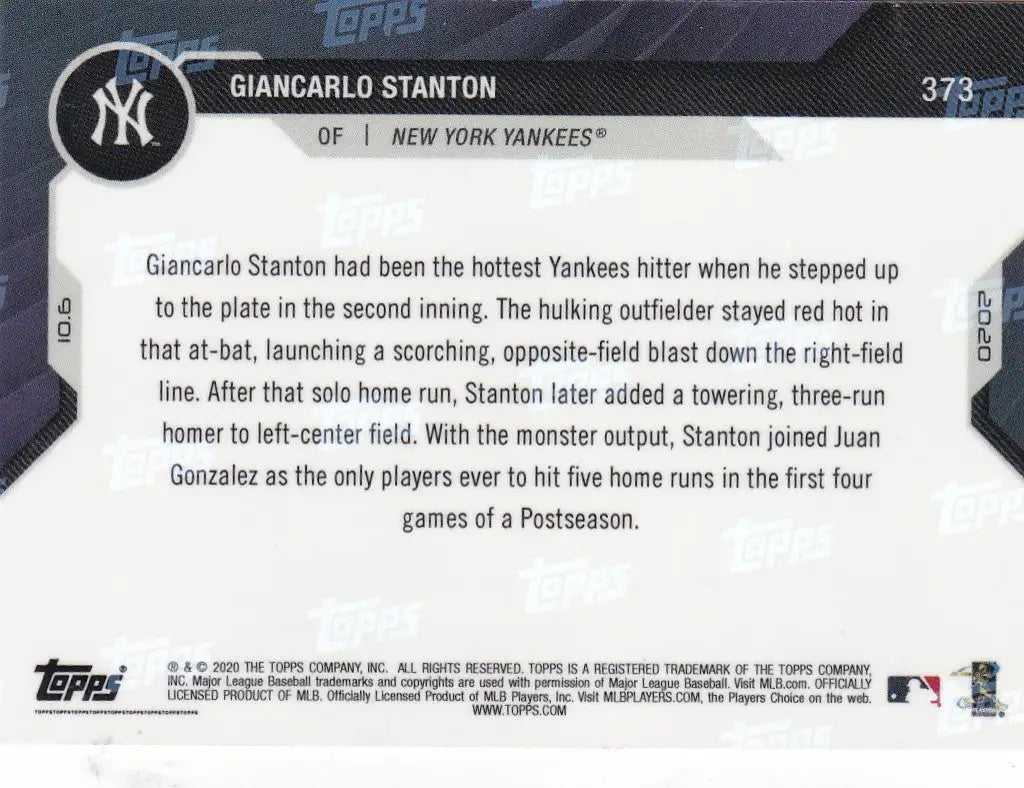 Giancarlo Stanton baseball card from 2020 Topps Now featuring New York Yankees star