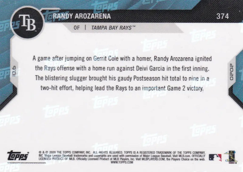 Randy Arozarena baseball card back for 2020 TOPPS NOW Tampa Bay Rays collectible