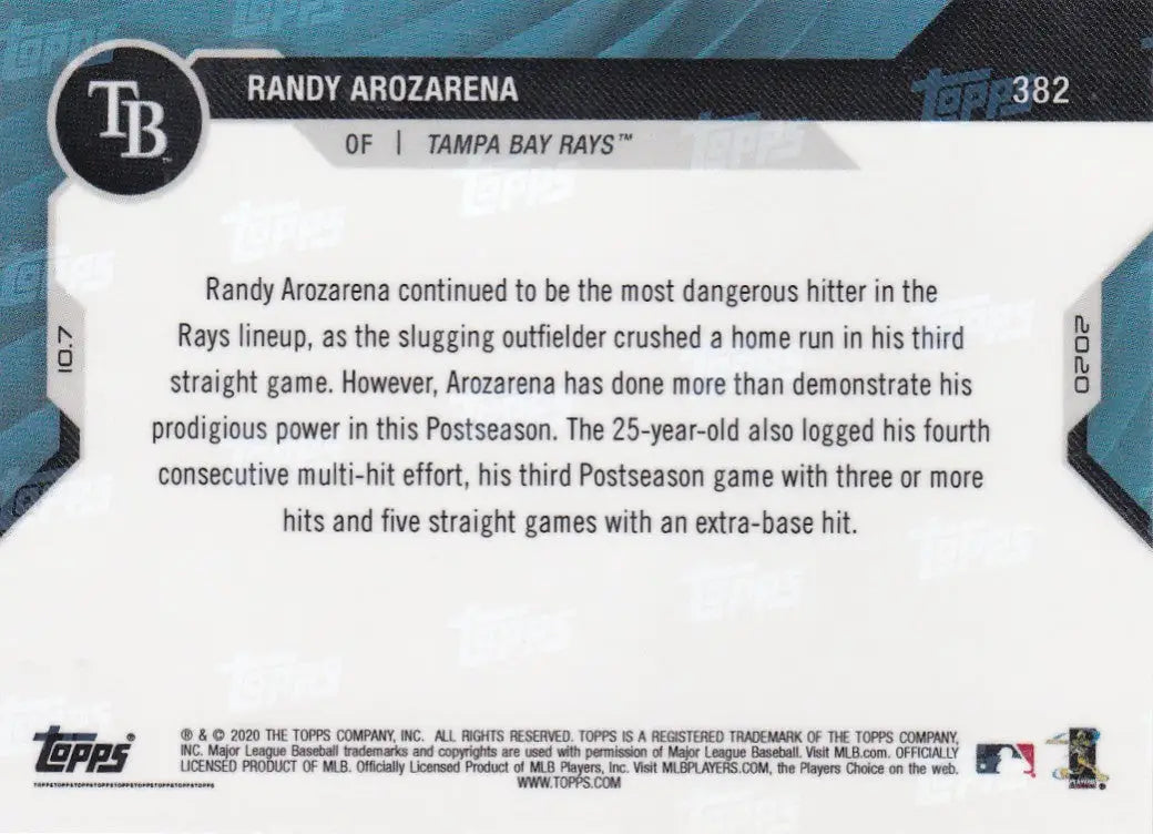 Randy Arozarena baseball card back from 2020 Topps Now Tampa Bay Rays collection