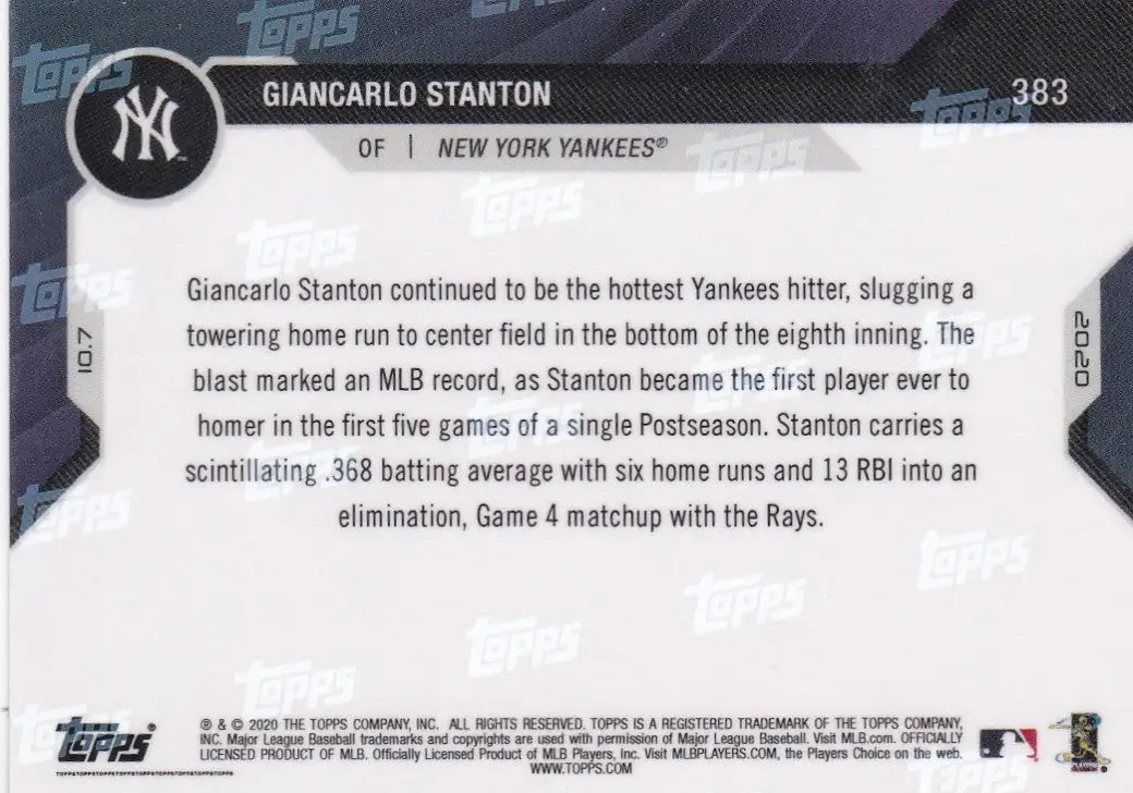 Back of 2020 Topps Now #383 Giancarlo Stanton New York Yankees baseball card