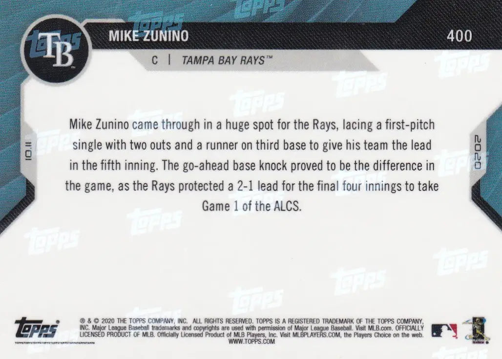 Mike Zunino baseball card back from 2020 Topps Now Tampa Bay Rays collection