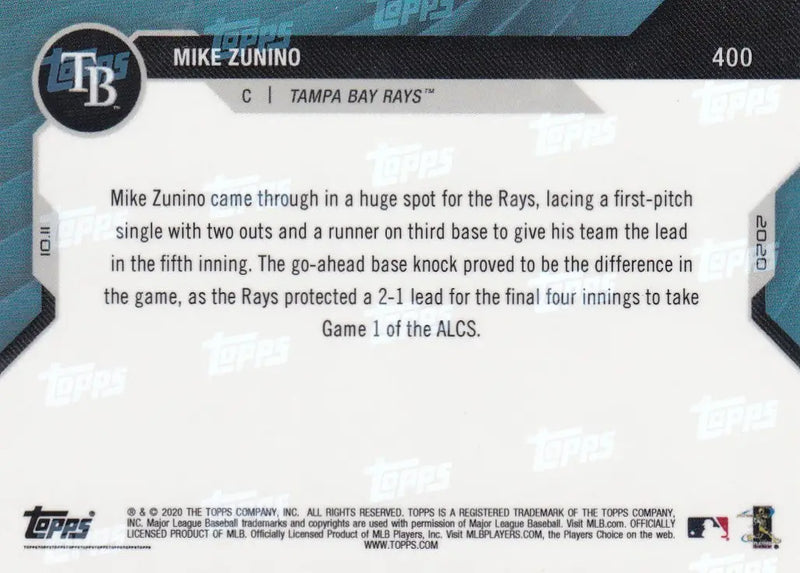 Mike Zunino baseball card back from 2020 Topps Now Tampa Bay Rays collection
