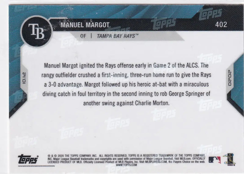 2020 TOPPS NOW #402 MANUEL MARGOT ALC- TAMPA BAY RAYS - Baseball Card Single