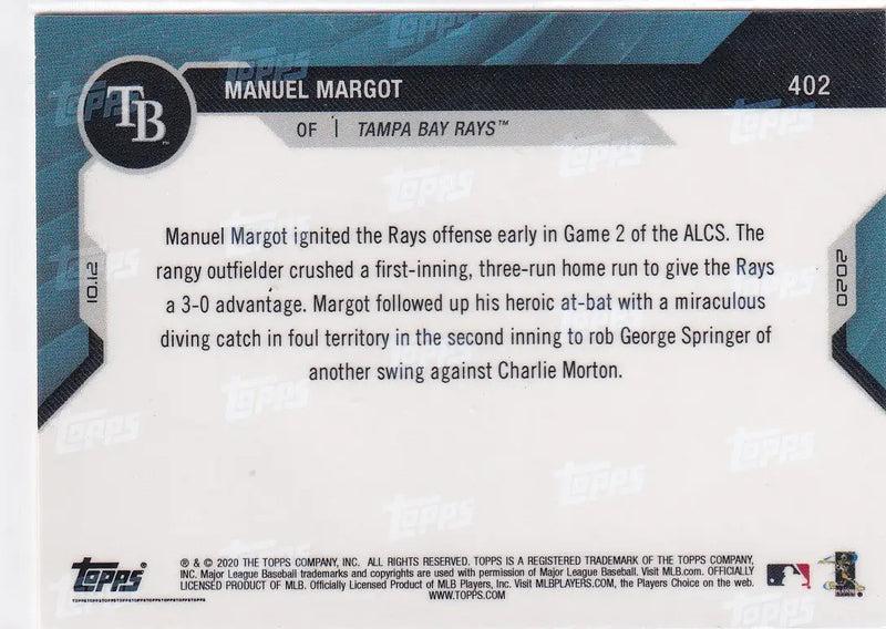 2020 TOPPS NOW #402 MANUEL MARGOT ALCS 36/49- TAMPA BAY RAYS - Baseball Card Single