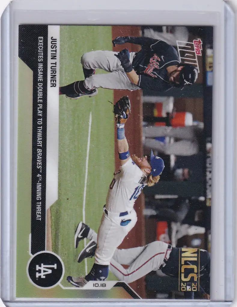 Baseball trading card of Justin Turner sliding into base for Los Angeles Dodgers