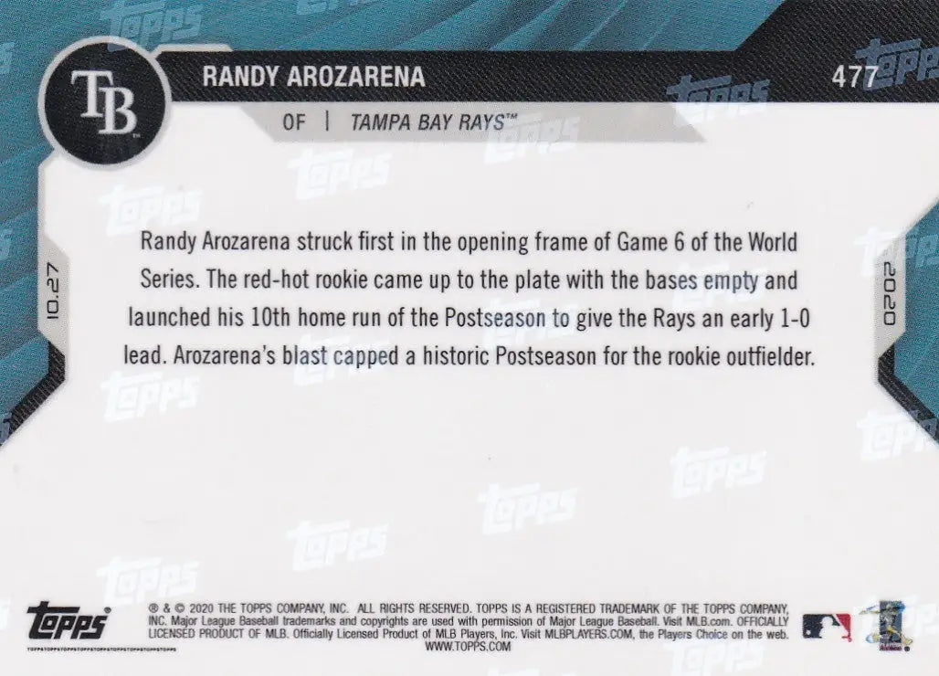 Baseball card back of 2020 Topps Now #477 Randy Arozarena Tampa Bay Rays