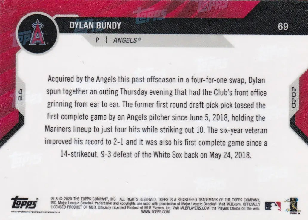Dylan Bundy baseball card back from 2020 Topps Now #69 trading cards collection