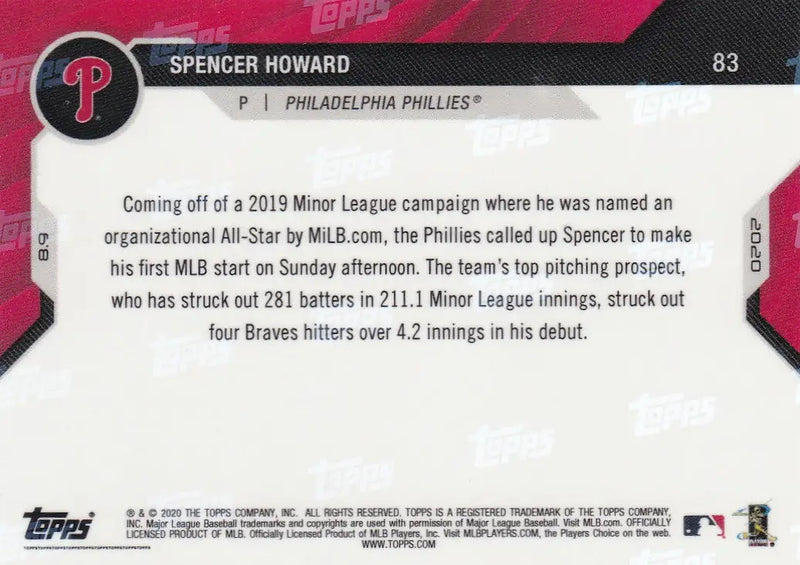 Baseball card back of 2020 TOPPS NOW #83 Spencer Howard, Philadelphia Phillies trading card