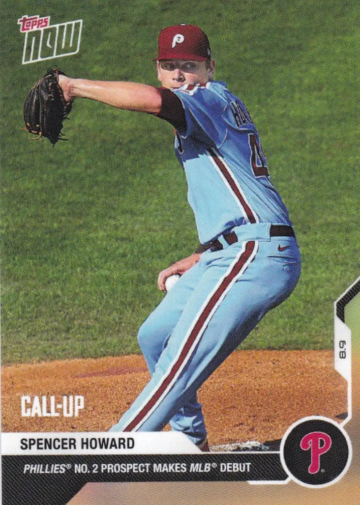 Baseball card of Spencer Howard from 2020 Topps Now for Philadelphia Phillies trading cards