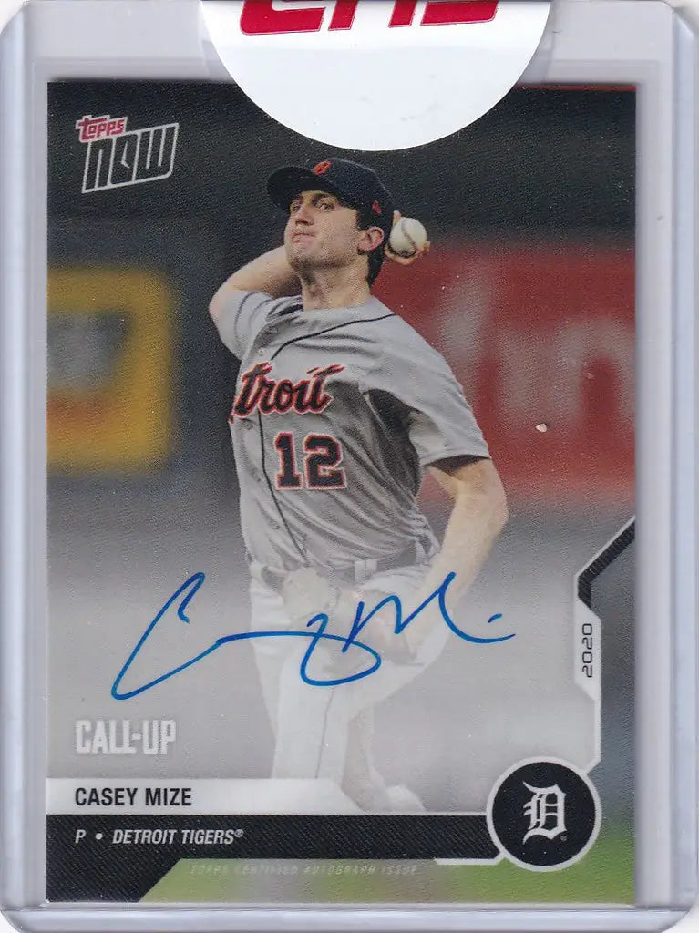 Baseball card of Casey Mize Detroit Tigers pitcher in mid-throwing motion