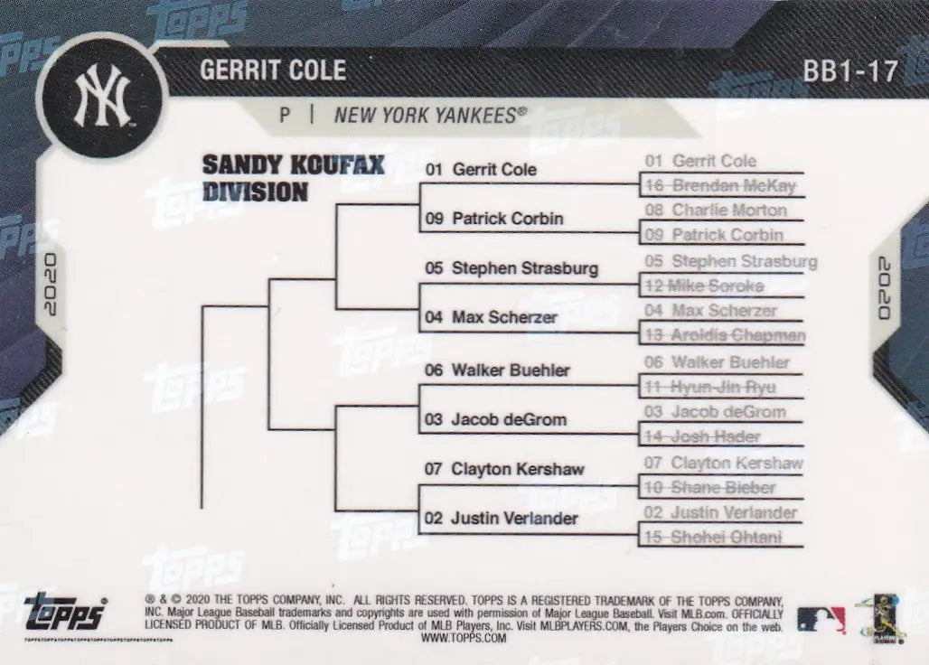 2020 TOPPS NOW BRACKET BONANZA #BB1-17 GERRIT COLE- NEW YORK YANKEES - Baseball Card Single