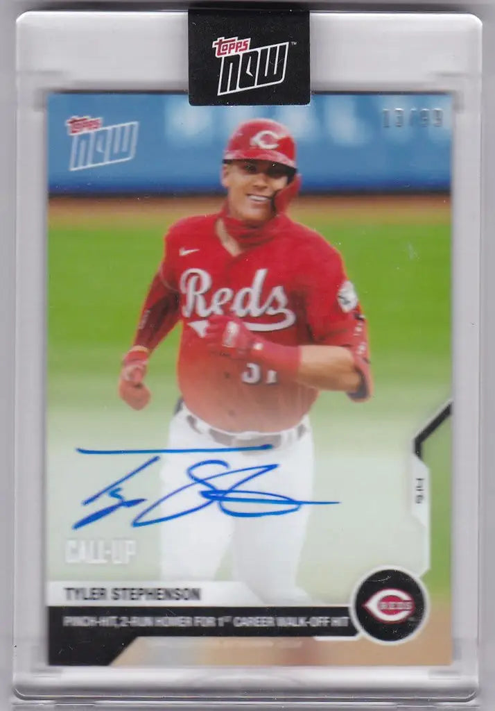 Baseball card of Reds Tyler Stephenson with autograph, featuring Homer RC Auto design
