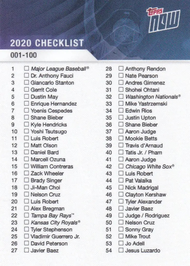 2020 Topps Now baseball card checklist for trading cards in the collection