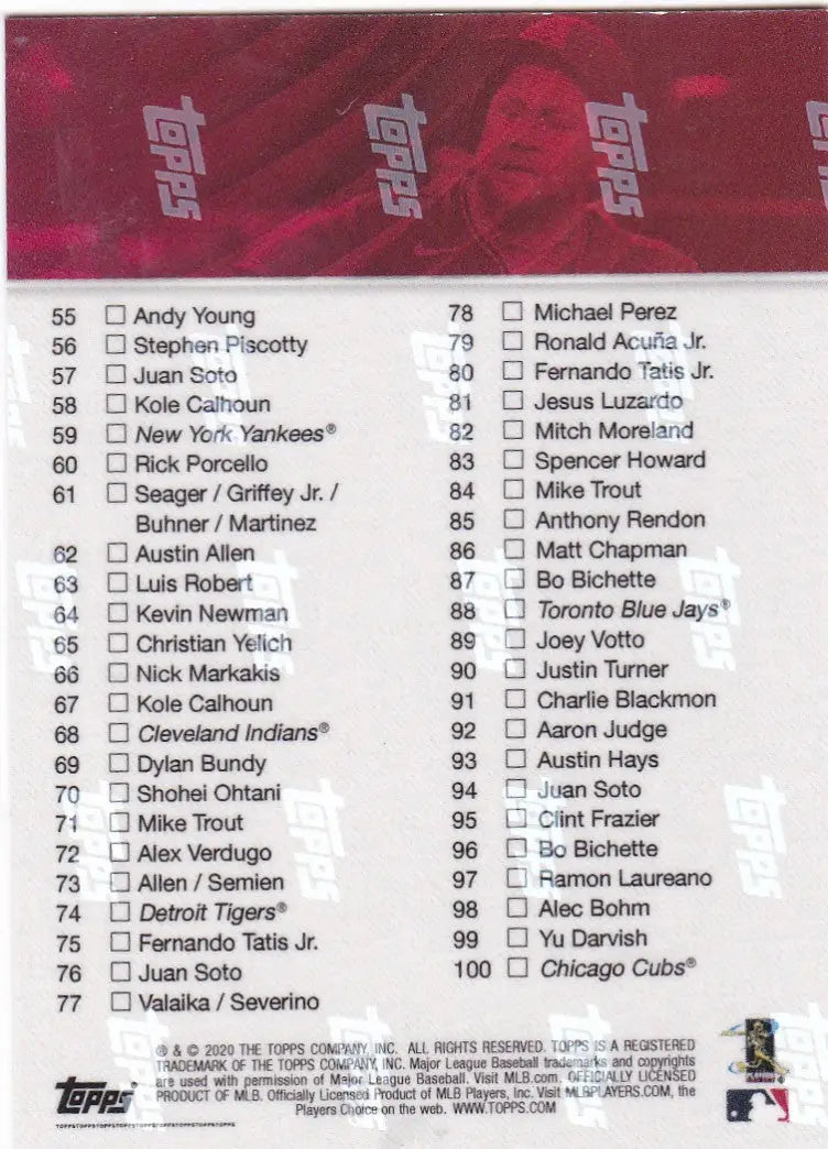 Baseball card checklist of 2020 TOPPS NOW CK 0-100 for trading cards collectors