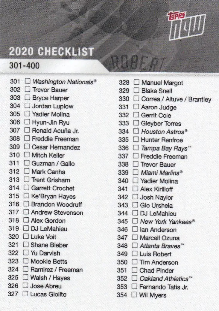 2020 Topps Now baseball card checklist for trading cards collection CK 301-400