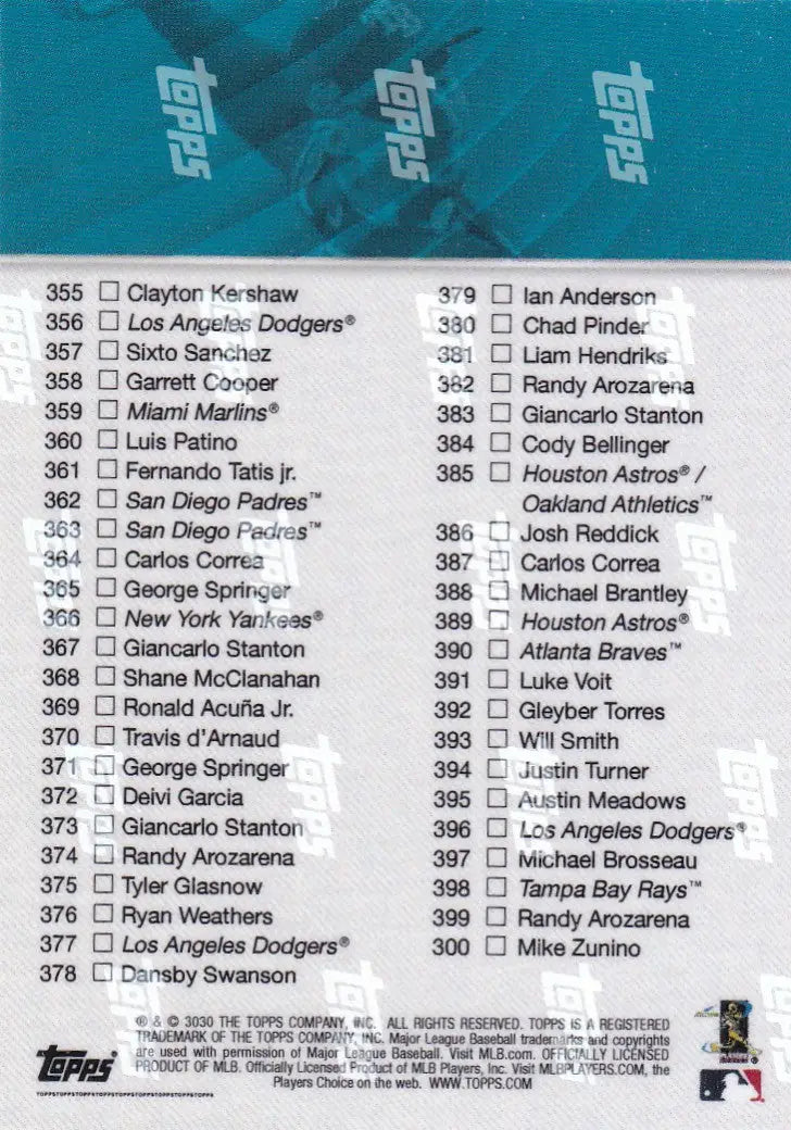 Baseball card checklist for 2020 TOPPS NOW CK 301-400 trading cards collection
