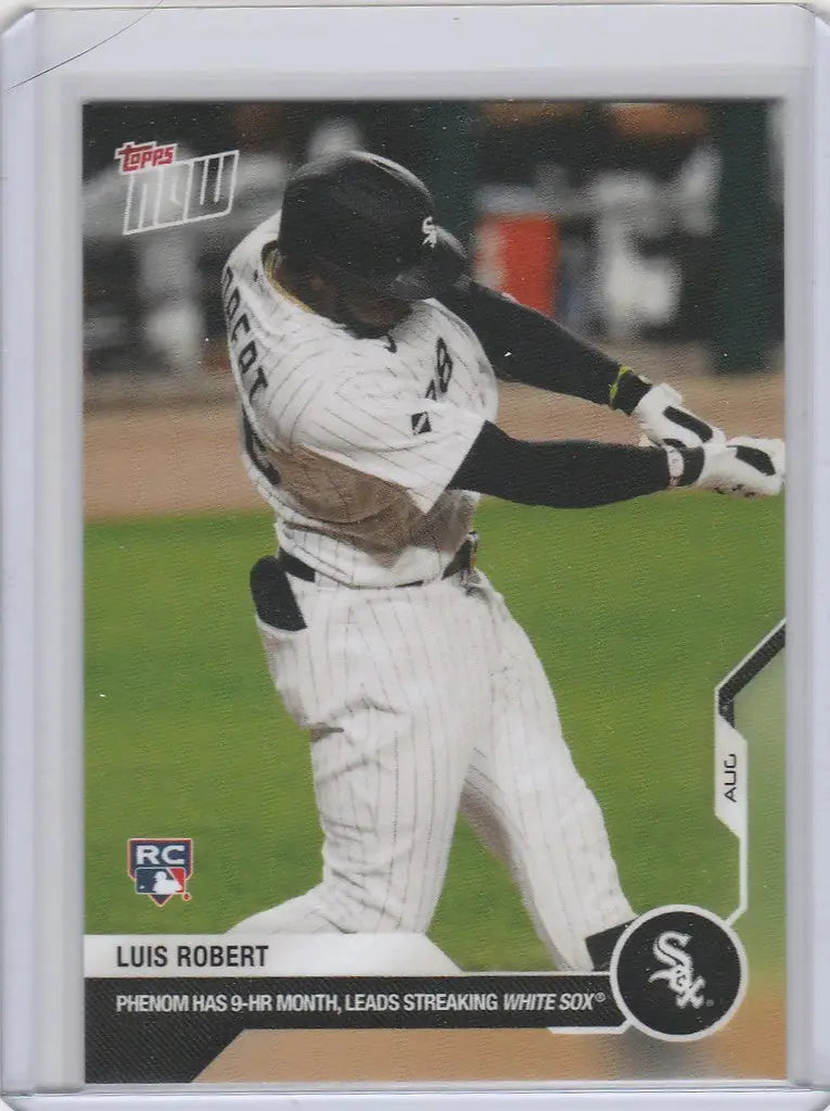 Baseball card of Luis Robert Chicago White Sox player mid-swing in 2020 Topps Now