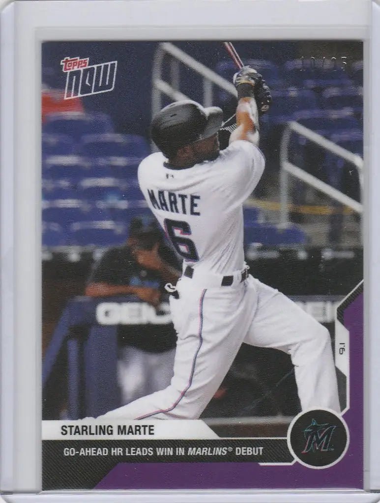 Baseball card of Starling Marte mid-swing for Miami Marlins in 2020 Topps Now