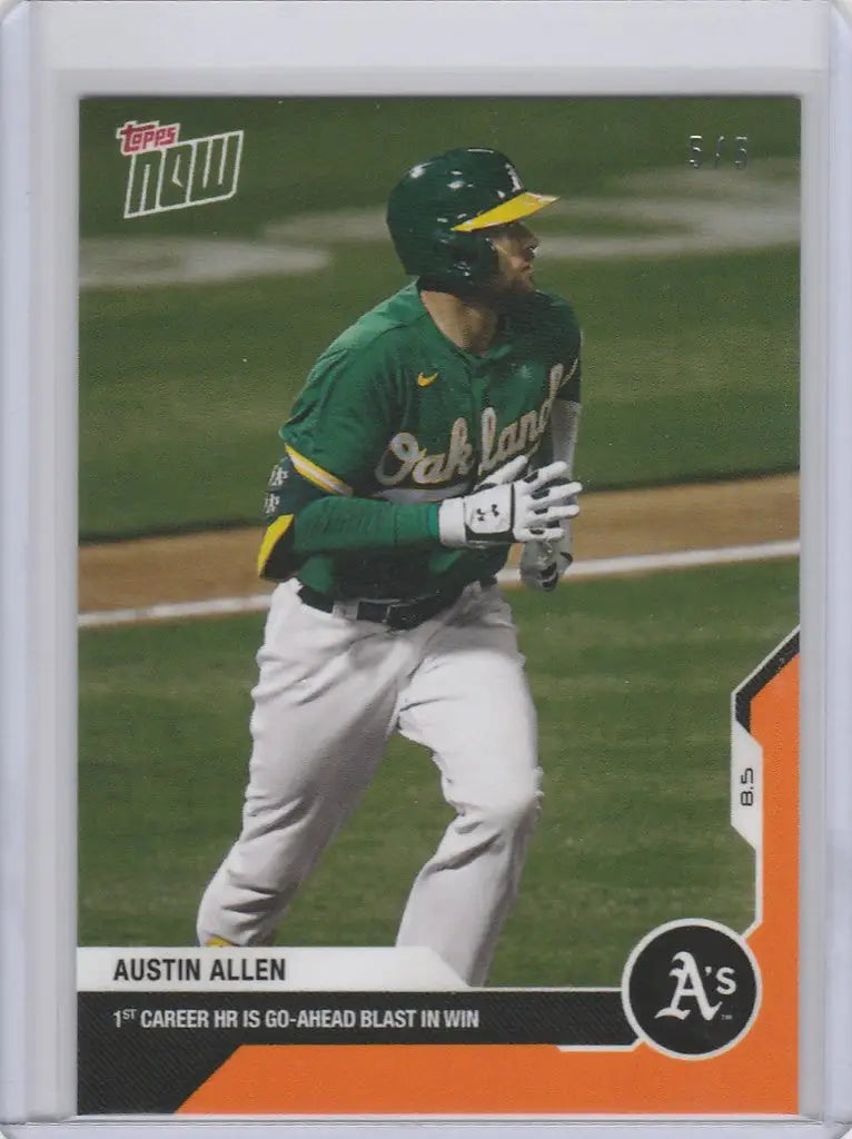 Baseball card of Oakland Athletics player Austin Allen running on field in green uniform