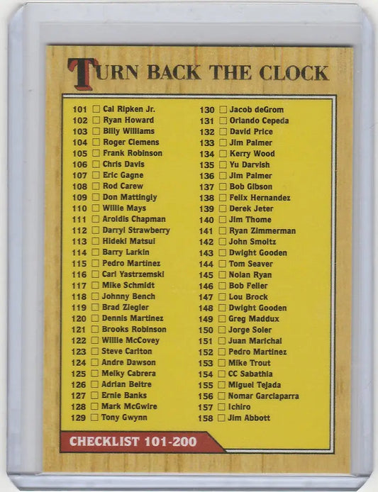 Checklist card titled Turn Back the Clock featuring trading cards 101-200 from cards 101-215