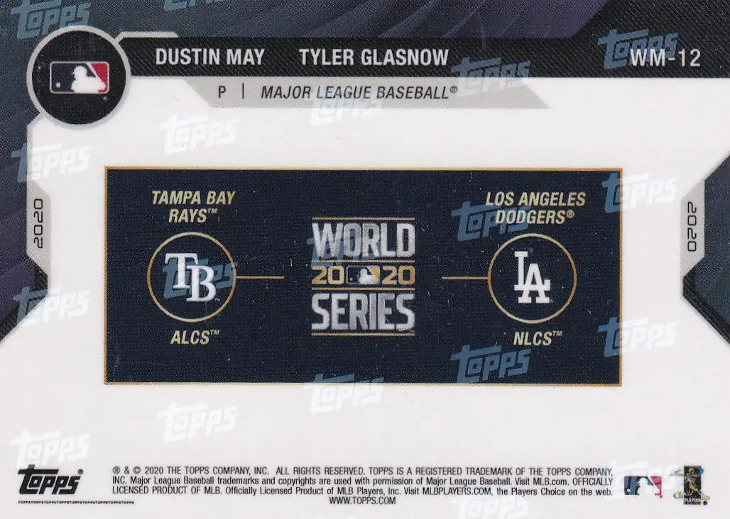 2020 TOPPS NOW WORLD SERIES MATCHUP #WM-12 DUSTIN MAY & TYLER GLASNOW- RAYS AND DODGERS - Baseball Card Single