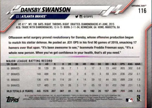 2020 Topps Opening Day Dansby Swanson NM-MT Braves baseball card with original gloss