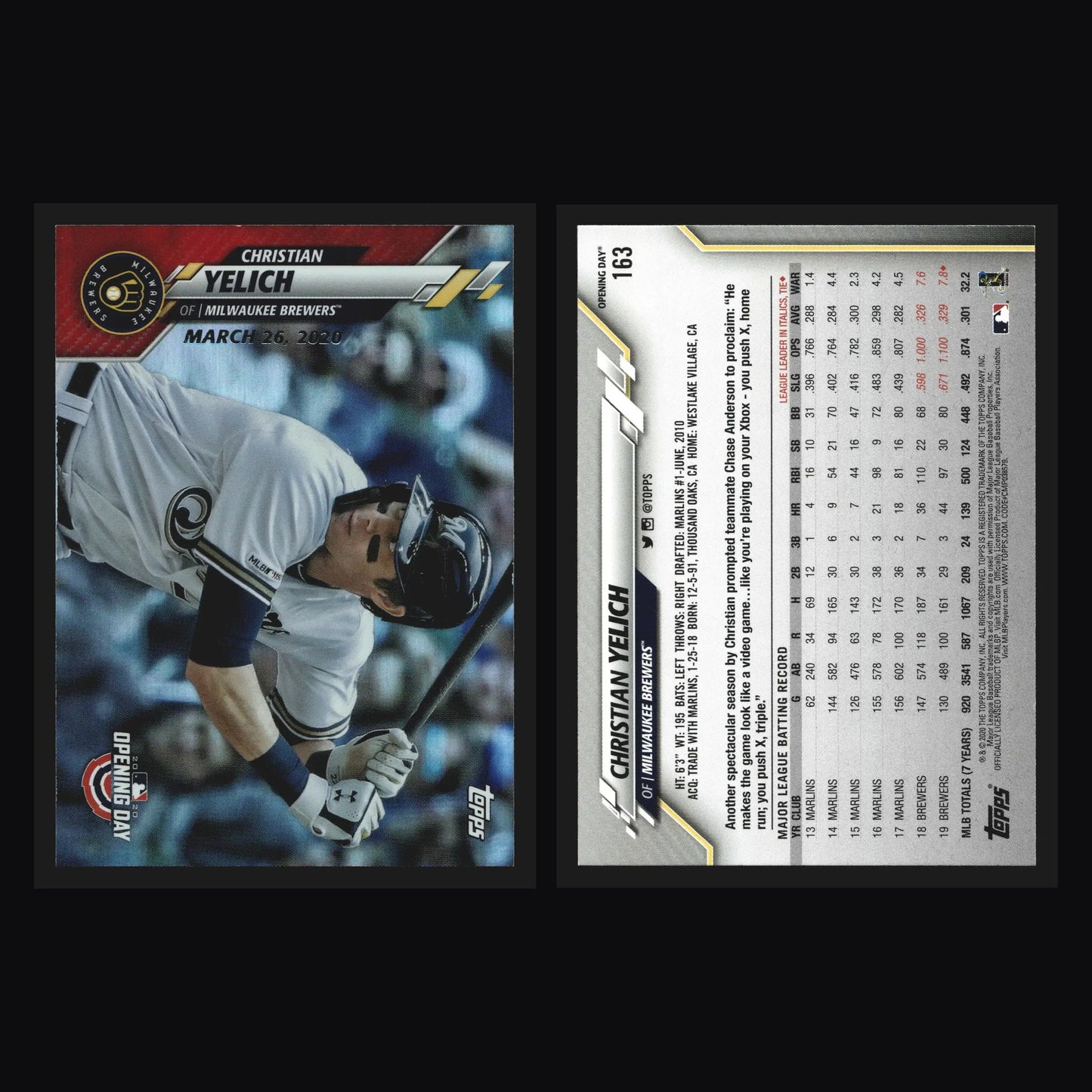 2020 Topps Opening Day #163 Christian Yelich Red Foil Brewers - Baseball Card Single