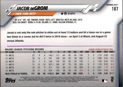 2020 Topps Opening Day Jacob deGrom baseball card with original gloss and NM-MT condition