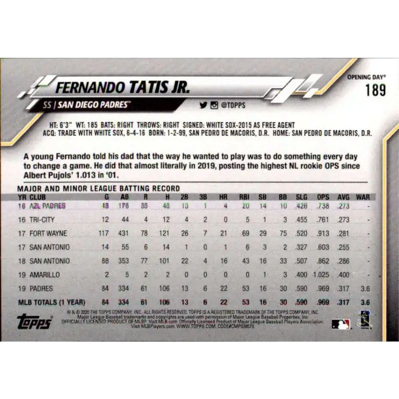 2020 Topps Opening Day #189 Fernando Tatis Jr. NM-MT San Diego Padres Baseball Card - Baseball Card Single