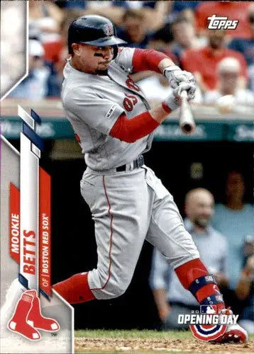 Mookie Betts baseball card from 2020 Topps Opening Day featuring Red Sox player