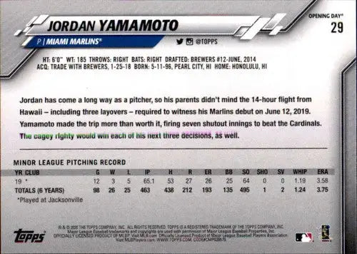 2020 Topps Opening Day #29 Jordan Yamamoto NM-MT RC Rookie Marlins ID:26318 - Baseball Card Single