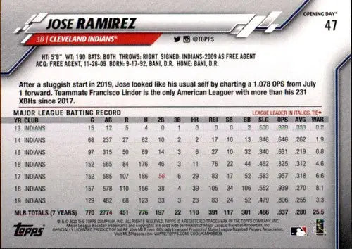 2020 Topps Opening Day #47 Jose Ramirez NM-MT Indians - Baseball Card Single