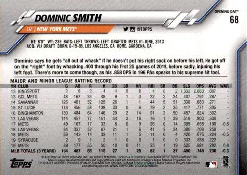 2020 Topps Opening Day #68 Dominic Smith NM-MT Mets ID:26329 - Baseball Card Single