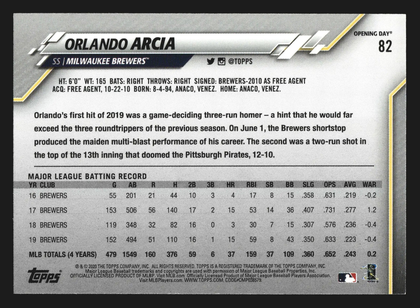 2020 Topps Opening Day #82 Orlando Arcia Milwaukee Brewers - Baseball Card Single