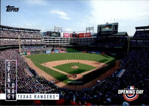 Baseball card featuring Texas Rangers stadium view from 2020 Topps Opening Day set