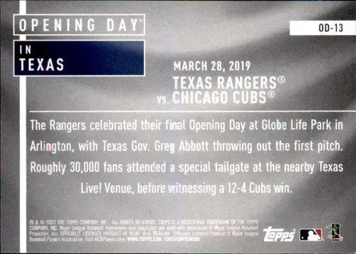 Back of a baseball card with game details from 2020 Topps Opening Day Set #OD-13 Texas Rangers featuring original gloss