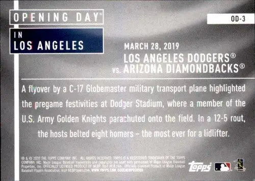 Baseball card back from 2020 Topps Opening Day Set featuring Los Angeles Dodgers