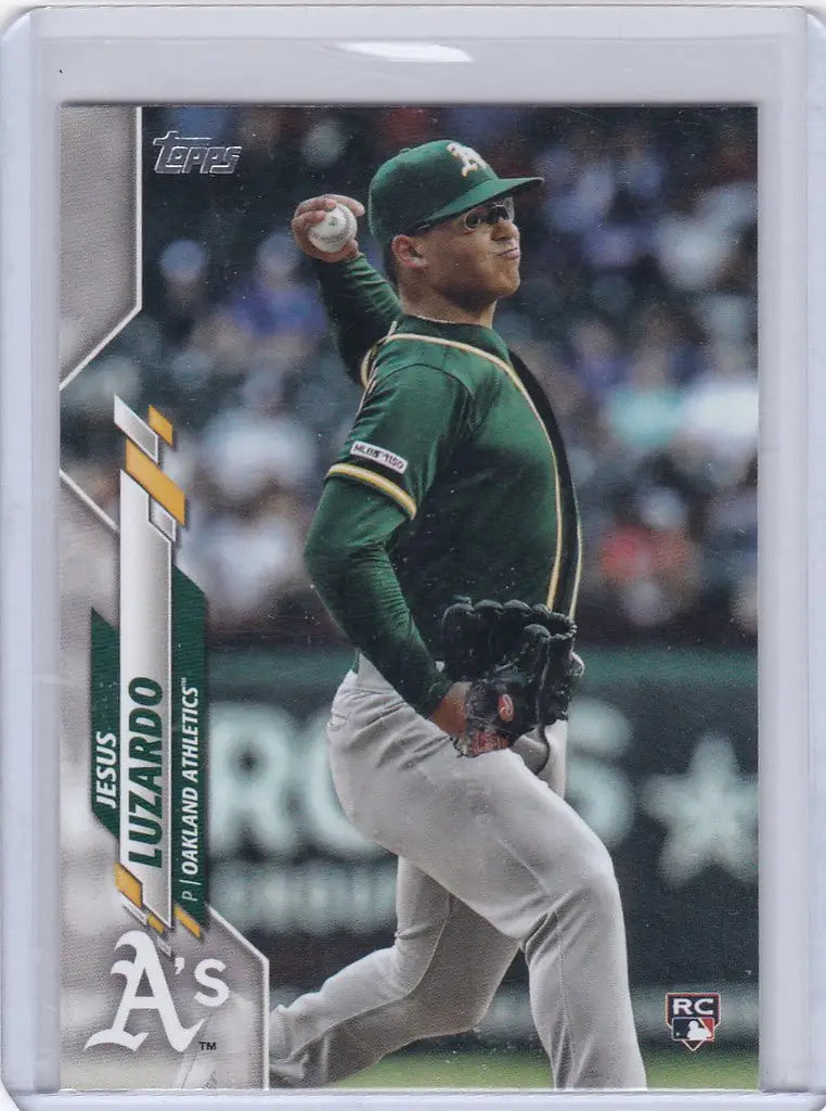 Baseball card of Jesus Luzardo Oakland Athletics pitcher mid-throw in 2020 Topps RC #110