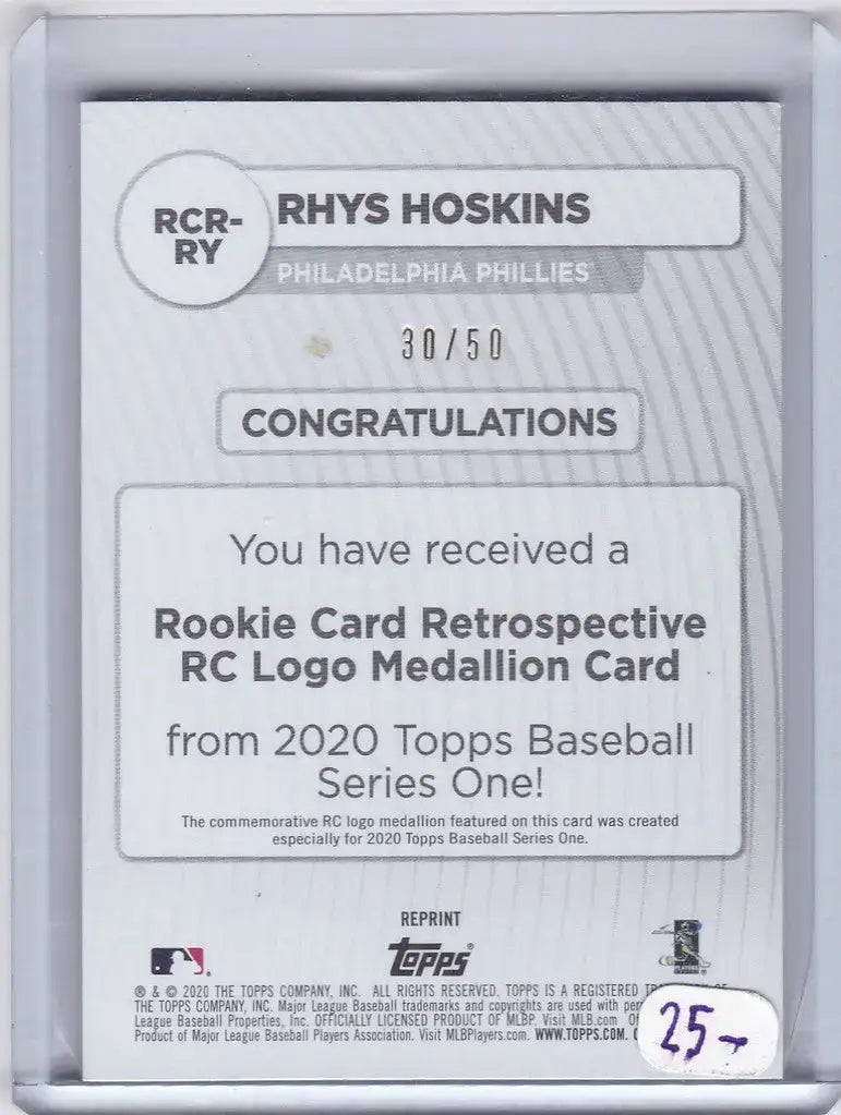 2020 Topps #RCR-RY Rhys Hoskins Rookie Medallion Card 30/50 Philadelphia Phillies